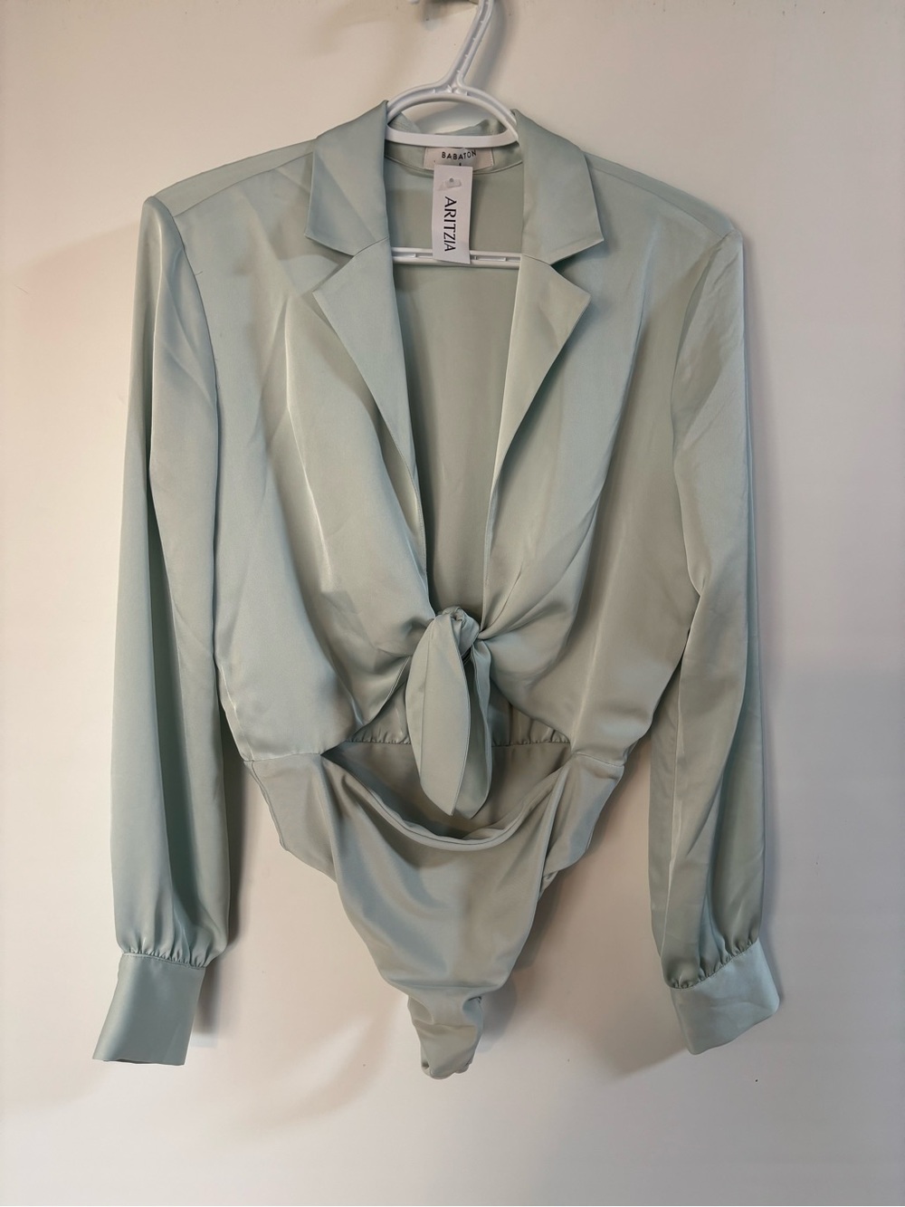 Babaton pale Green Satin Tie-Front Bodysuit NWT